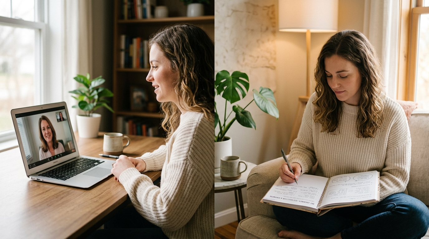 Split image showing a laptop video therapy session on one side and a person studying a self-help workbook on the other, mental health comparison concept