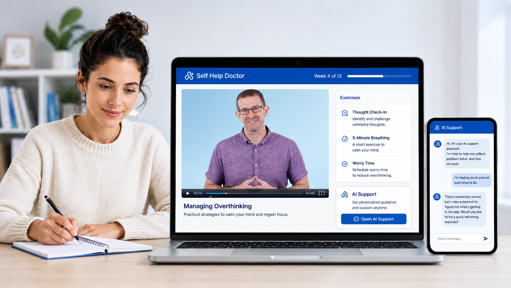 Self Help Doctor course shown on a laptop and phone beside a learner
